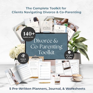 May include: A digital toolkit for divorce and co-parenting featuring 140+ templates, five pre-written planners, a journal, and worksheets. The set includes a computer monitor, tablet, and smartphone displaying documents, alongside a pen and coffee cup.