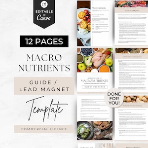 Può includere: Un modello di guida digitale di 12 pagine sui macronutrienti con intestazioni di testo come Macronutrients, Introduction to Macronutrients e Done For You. Il layout include varie fotografie di frutta, verdura e proteine.