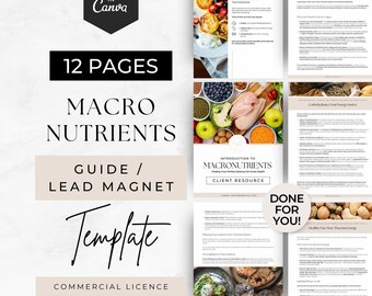 May include: A 12-page digital macronutrients guide template featuring text headers like Macronutrients, Introduction to Macronutrients, and Done For You. The layout includes various food photography images of fruits, vegetables, and proteins.