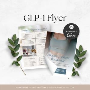 Puede incluir: Una plantilla de folleto GLP-1 de doble cara con una camiseta sin mangas acanalada de color verde claro, texto que dice Support Designed Around You, Support. Restore. Rebalance. y una insignia de Editable in Canva. Incluye secciones de planes.