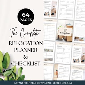 May include: A 64-page relocation planner and checklist featuring various printable document templates for moving. The cover text reads The Complete RELOCATION PLANNER & CHECKLIST. The pages include tables, lists, and guides for organizing tasks.