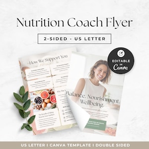 May include: A two-sided US letter nutrition coach flyer template featuring text that reads Nutrition Coach Flyer, How We Support You, Balance, Nourishment, Wellbeing, and Editable in Canva. The design includes images of food and a person.