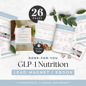 May include: A collection of printed pages and digital graphics promoting a GLP-1 Nutrition Blueprint. The design features a light blue and white color scheme with text that reads "26 Pages", "GLP-1 Nutrition Blueprint", and "Lead Magnet / Ebook".