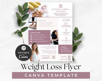 Folleto para entrenador de pérdida de peso, plantilla editable para negocios de bienestar, marketing para entrenadores de salud, diseño de Canva para nutricionistas, promoción para dietistas