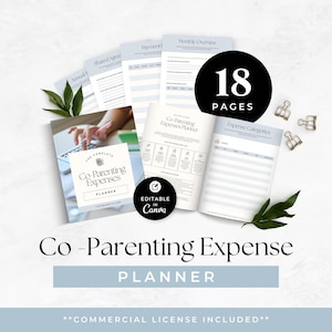Pode incluir: Um conjunto de modelos digitais de planejador de despesas de coparentalidade com 18 páginas, incluindo capa, visão geral mensal e categorias de despesas. Editável no Canva, com três clipes dourados e detalhes de folhas verdes.