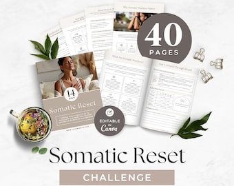 May include: A collection of printed materials for a "Somatic Reset Challenge," including a booklet with a woman on the cover, and other pages with text and graphics. The image includes the text "40 PAGES" and "EDITABLE IN CANVA."