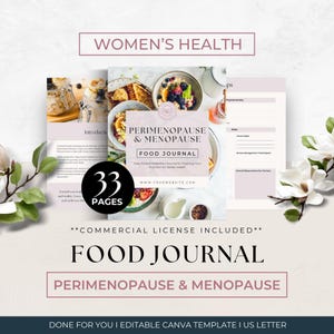 May include: A 33-page Perimenopause & Menopause food journal template for US Letter size. The document features a cover with food imagery, an introduction page, and a daily tracking page with sections for physical activity, sleep, and observations.
