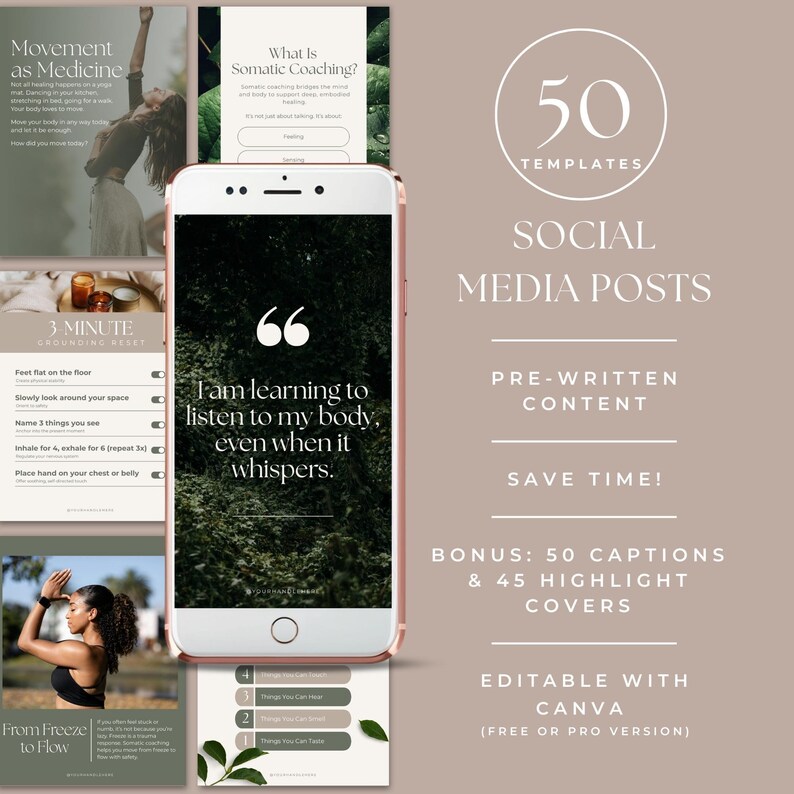 Somatic Therapy Instagram Templates, Editable Mental Health Social Media Content, Holistic Wellness Marketing Kit, Nervous System Regulation image 2