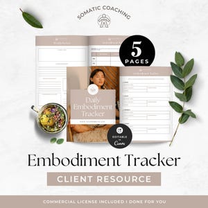 Könnte beinhalten: Ein digitales Produkt-Mockup mit einem "Embodiment Tracker" mit dem Text "Daily Embodiment Tracker" und "Client Resource". Das Design umfasst ein Frauenbild, einen Kreis "5 Pages" und den Text "Editable in Canva".