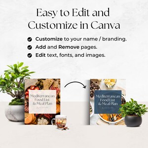 Op de afbeelding: Twee afdrukbare digitale pagina's met een blauw-wit ontwerp. De pagina's bevatten een foto van eten en de tekst "Mediterranean Food List & Meal Plan".