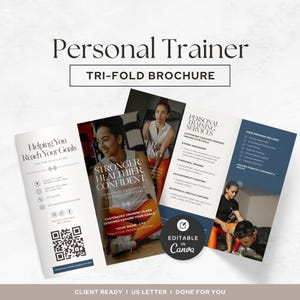 Op de afbeelding: Een drieluik brochure voor een personal trainer met witte, donkerblauwe en fotografische panelen. De tekst bevat Personal Trainer, Helping You Reach Your Goals, Stronger Healthier Confident, Personal Training Services en een QR-code.