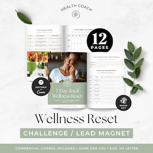 Peut inclure: Un modèle de guide de bien-être de 12 pages au format US Letter. Le document comprend un plan de repas sur 7 jours, un suivi de l'humeur et de l'énergie, ainsi qu'une fiche d'activité quotidienne. Inclut des fichiers Canva modifiables et un cadeau.