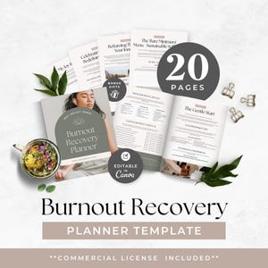 May include: A 20-page Burnout Recovery Planner template featuring multiple document layouts with text, including sections titled The Gentle Start, My Personal Permissions, and The Bare Minimum Menu. Includes a tea cup and green leaves.