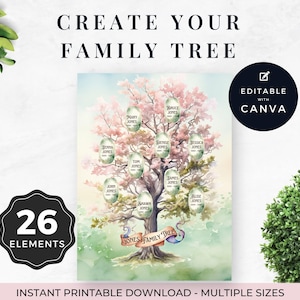 May include: A digital family tree template featuring a watercolour illustration of a large tree with pink blossoms and green leaves. The design includes oval frames for names and a banner at the base labelled Jones Family Tree. Text includes CREATE YOUR FAMILY TREE, EDITABLE WITH CANVA, and 26 ELEMENTS.