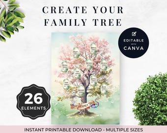 Edytowalny szablon Canva z drzewem genealogicznym, szablon księgi genealogicznej, wydruk rodzinny, szablon drzewa genealogicznego, zaproszenie na przyjęcie rodzinne, akwarela