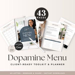 Op de afbeelding: Een digitale planner genaamd "Dopamine Menu" met 43 pagina's, weergegeven op een tablet. De planner bevat secties voor wekelijkse snapshots, voorgerechten en aangepaste menu's. Het ontwerp toont een afbeelding van een vrouw en de tekst "Editable in Canva."