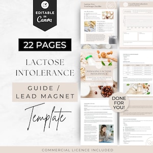 Op de afbeelding: Een 22-pagina tellende gids en lead magnet sjabloon over lactose-intolerantie, bewerkbaar in Canva. Het document bevat tekst, grafieken en afbeeldingen met betrekking tot spijsvertering, voedselvervangers en het bijhouden van symptomen.