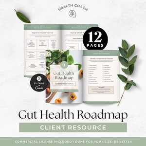 May include: A 12-page Gut Health Roadmap client resource document in US Letter size. The pages feature sage green headers, checklists for symptoms like sugar cravings and bloating, and sections for food and lifestyle tracking, editable in Canva.