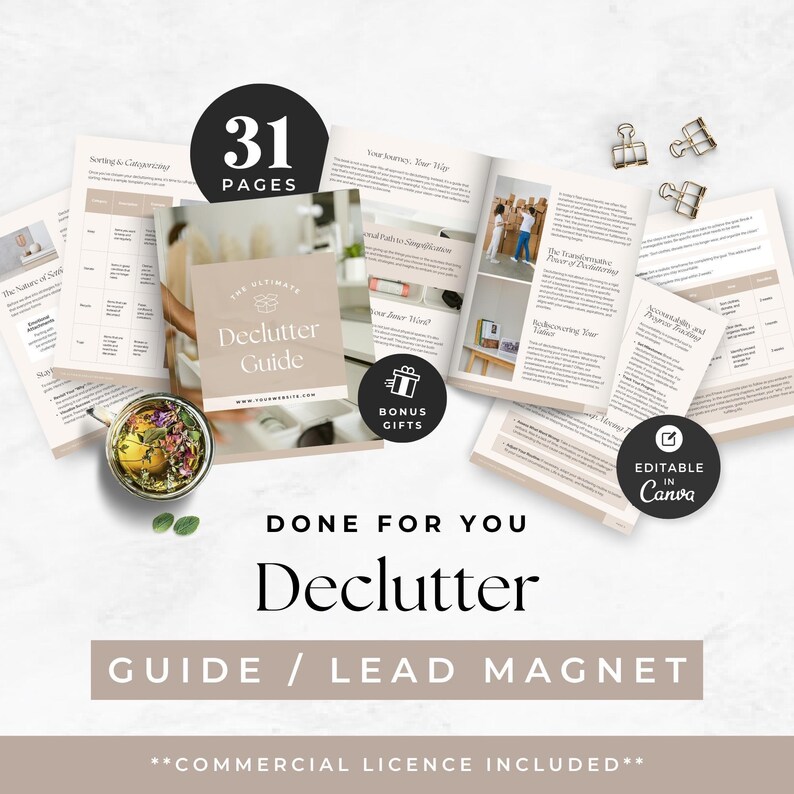 Decluttering Guide Editable Template, Life Coach Lead Magnet, Organization Experts Program Resource, Minimalist Living Checklist, Canva image 1