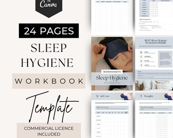 Puede incluir: Una plantilla de libro de ejercicios de higiene del sueño de 24 páginas editable en Canva. El documento incluye varias hojas de trabajo, como un rastreador de horarios de sueño, una lista de verificación del dormitorio y un diario de sueño.