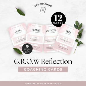 Puede incluir: Un conjunto de 12 tarjetas de coaching con las palabras "GOAL", "REALITY", "OPTIONS" y "WILL" impresas. Las tarjetas son de color rosa claro con texto blanco y están etiquetadas como "G.R.O.W Reflection Coaching Cards". La imagen también incluye el texto "Life Coaching".