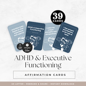 May include: A set of ADHD & Executive Functioning affirmation cards. The cards are in shades of blue and feature various affirmations. The image includes the text "39 CARDS", "ADHD & Executive Functioning", and "AFFIRMATION CARDS".