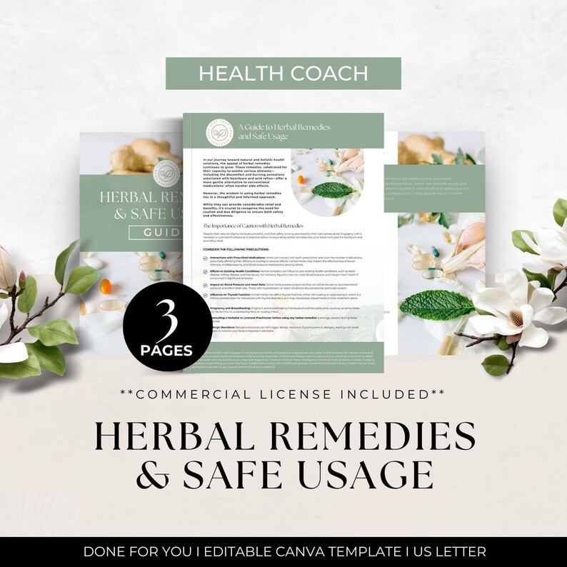 Herbal Remedies & Safe Usage
Lead Magnet / Guide / Client Handout
Canva Editable Template
Commercial License Included
3 Pages
