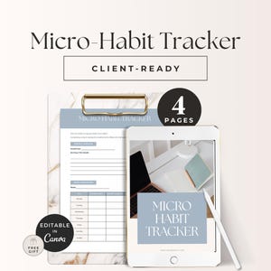 May include: A digital micro-habit tracker template set featuring 4 pages, displayed on a marble-patterned clipboard and a tablet screen. The design includes blue accents, text reading Micro-Habit Tracker, and a label indicating it is editable in Canva.
