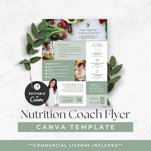 Könnte beinhalten: Eine Vorlage für einen Ernährungsberater-Flyer in Weiß und Salbeigrün mit Texten wie Fuel Your Body, Empower Your Life, My Coaching Services Include und einem schwarzen runden Abzeichen mit der Aufschrift Editable in Canva.
