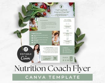 Folleto de entrenador de nutrición, plantilla editable para negocios de bienestar, marketing para entrenadores de salud, diseño de Canva para nutricionistas, promoción de dietistas