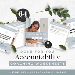 Puede incluir: Un conjunto de 64 hojas de trabajo digitales de coaching de responsabilidad con un esquema de color azul claro y blanco. Las plantillas incluyen texto como Accountability, Procrastination Accountability Breakdown y Mapping Procrastination Patterns.
