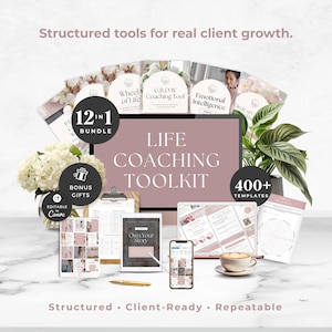 Puede incluir: Imagen de marketing digital que presenta un Life Coaching Toolkit. La imagen incluye una computadora, una tableta y un teléfono, con el texto "Life Coaching Toolkit" y "400+ Templates". El texto "12 in 1 Bundle" también es visible.