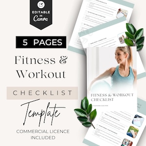 Może przedstawiać: Pięciostronicowy szablon listy kontrolnej fitness i treningu, edytowalny w Canva. Szablon zawiera listę kontrolną z nagłówkami takimi jak „Śledź swoje treningi” i „Monitorowanie postępów”. Szablon jest zaprojektowany w jasnoniebieskim i białym schemacie kolorów i zawiera licencję komercyjną.