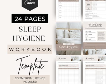Puede incluir: Una plantilla de libro de trabajo de higiene del sueño de 24 páginas editable en Canva. El documento presenta páginas en beige y blanco con secciones para autocuidado, entorno, rutina y pensamientos, incluyendo listas de control.