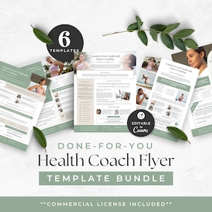 May include: A bundle of six health coach flyer templates featuring sage green and white layouts with placeholder text, photos of people exercising, and the text "Transform Your Health with Expert Coaching" and "Editable in Canva".