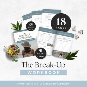Peut inclure: Le Break Up Workbook est un guide numérique de 18 pages avec un design bleu et blanc, modifiable dans Canva. Il contient des sections sur la guérison, la croissance et l'avenir, avec des pages sur les stratégies d'adaptation et l'estime de soi.
