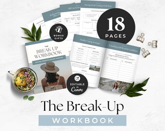 May include: The Break Up Workbook is an 18-page digital guide featuring a blue and white color scheme, editable in Canva. It includes sections on healing, growth, and moving forward, with pages for coping strategies and self-worth, plus bonus gifts.