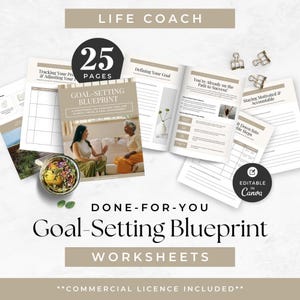 Może przedstawiać: Zestaw 25 arkuszy roboczych Goal-Setting Blueprint dla coacha życia, edytowalny w Canva. Dokument zawiera strony zatytułowane Defining Your Goal, Staying Motivated & Accountable oraz Tracking Your Progress z okładką.