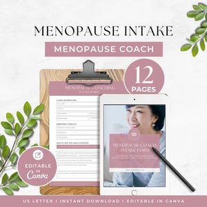 May include: A 12-page menopause intake form template for coaches, featuring a clipboard with printed documents and a tablet displaying the form. The design uses mauve accents, includes editable Canva text fields, and is formatted for US letter size paper.