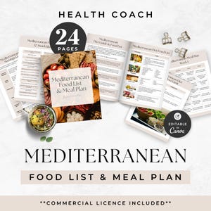 May include: A 24-page Mediterranean food list and meal plan digital document set. The pages feature text, food photography, and tables. A circular badge states 24 pages, and another badge indicates it is editable in Canva. Three metal binder clips are included.