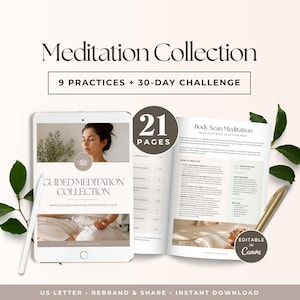 Könnte beinhalten: Ein digitaler Meditationsleitfaden mit Tablet-Anzeige und einem offenen Dokument mit 21 Seiten. Der Text lautet Meditation Collection, 9 Practices + 30-Day Challenge, Guided Meditation Collection und Body Scan Meditation.