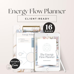 Może przedstawiać: „Energy Flow Planner” z tekstem „Client-Ready” i „16 Pages”. Planer zawiera schowek z marmurowym wzorem, tablet wyświetlający arkusz roboczy i rysik. Planer jest edytowalny w Canva i zawiera darmowy prezent.
