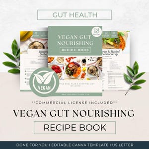 Może przedstawiać: Cyfrowy szablon książki kucharskiej zatytułowany Vegan Gut Nourishing Recipe Book z szałwiowo-zieloną okładką zawierającą 18 przepisów, wegańską odznakę i strony z planem posiłków. Układ zawiera zdjęcia żywności, sekcje tekstowe i licencję.