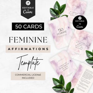 Peut inclure: Un ensemble de 50 cartes d'affirmation féminine avec un design aquarelle doux dans des tons rose et violet. Les cartes incluent du texte comme My Softness Is A Gift, Not A Weakness et I Trust The Divine Timing Of My Life's Journey. Modifiable sur Canva.