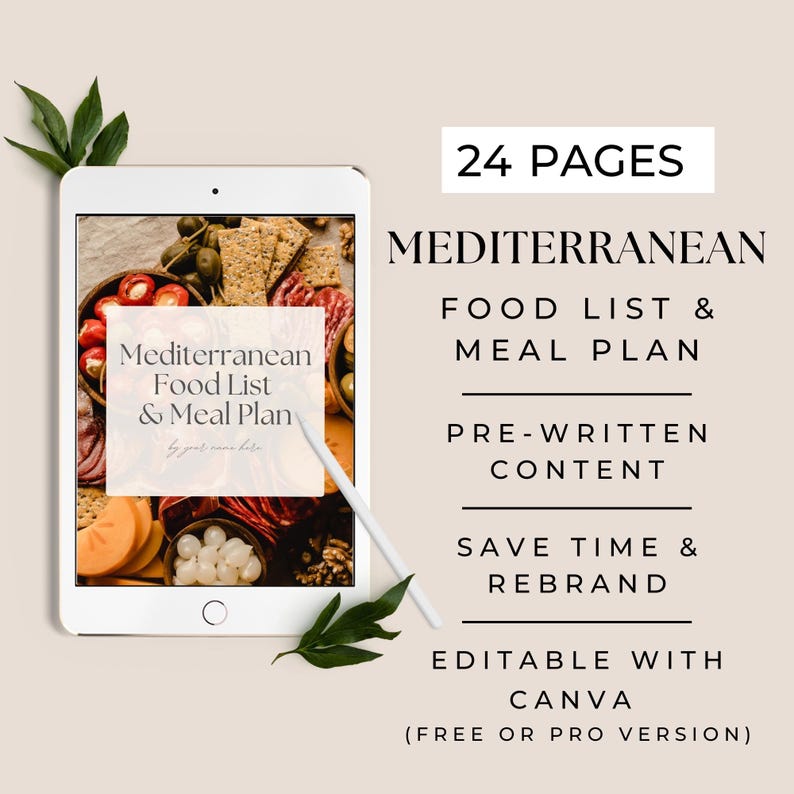 Op de afbeelding: Een digitale tablet met een mockup van een 24-pagina's tellende Mediterrane voedsellijst en maaltijdplan. De tekst "Bewerkbaar met Canva (gratis of pro-versie)" wordt onder de tablet weergegeven.