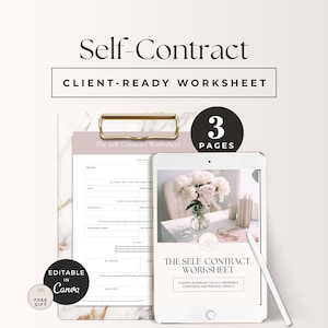 Puede incluir: Una hoja de trabajo digital Self-Contract mostrada en una tableta y una versión impresa en un portapapeles de mármol. La hoja incluye secciones para metas, acciones y recompensas. Un lápiz óptico blanco descansa sobre la tableta. El texto incluye 3 PAGES y EDITABLE IN Canva.