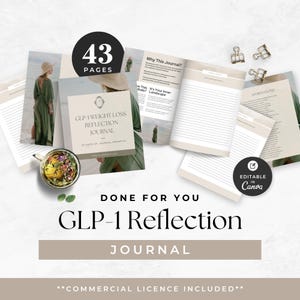 May include: A journal titled "GLP-1 Weight Loss Reflection Journal" is shown with 43 pages. The image includes photos of a woman in a green dress. The text "Done For You" and "Journal" are also visible in the image.