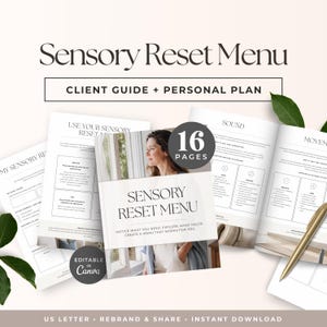 May include: A Sensory Reset Menu client guide and personal plan document set featuring 16 pages. The cover displays the title Sensory Reset Menu, the text Notice what you need, explore what helps, create a menu that works for you, and a photo of a person.