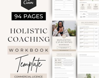 Può includere: Un modello di cartella di lavoro per il coaching olistico di 94 pagine con layout Canva modificabili. Il documento include sezioni per stabilire confini sani, esercizi di comunicazione, piani di sviluppo delle competenze e domande di riflessione.