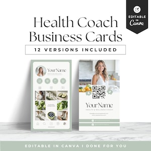 Puede incluir: Diseño de tarjeta de visita para un coach de salud y bienestar. El diseño incluye una maqueta de pantalla de teléfono y una tarjeta de visita con foto, nombre e información de contacto. El texto dice "Health Coach Business Cards" y "12 Versions Included."